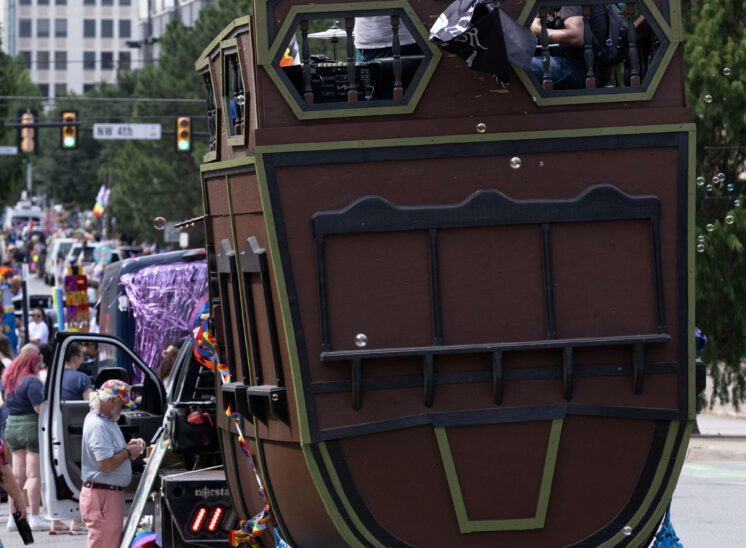 Pirate ship themed float travels through downtown Oklahoma City during the Pride Parade.