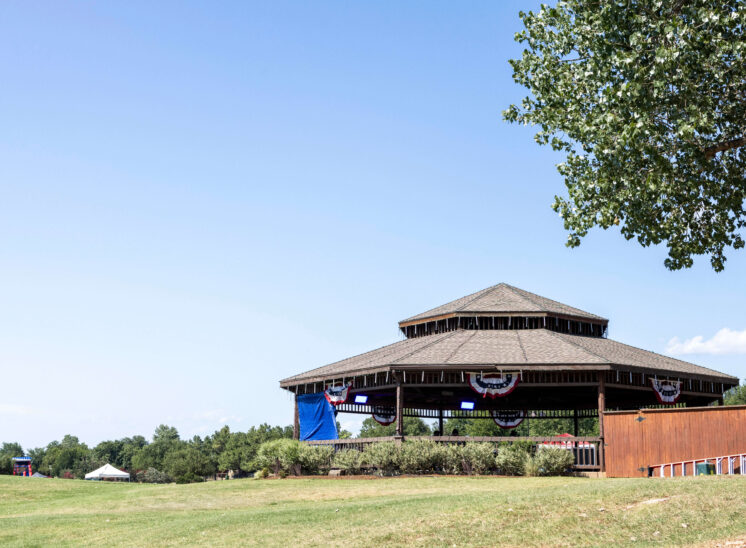 Decorated gazebo overlooking the festival grounds at Chisholm Trail Park.
