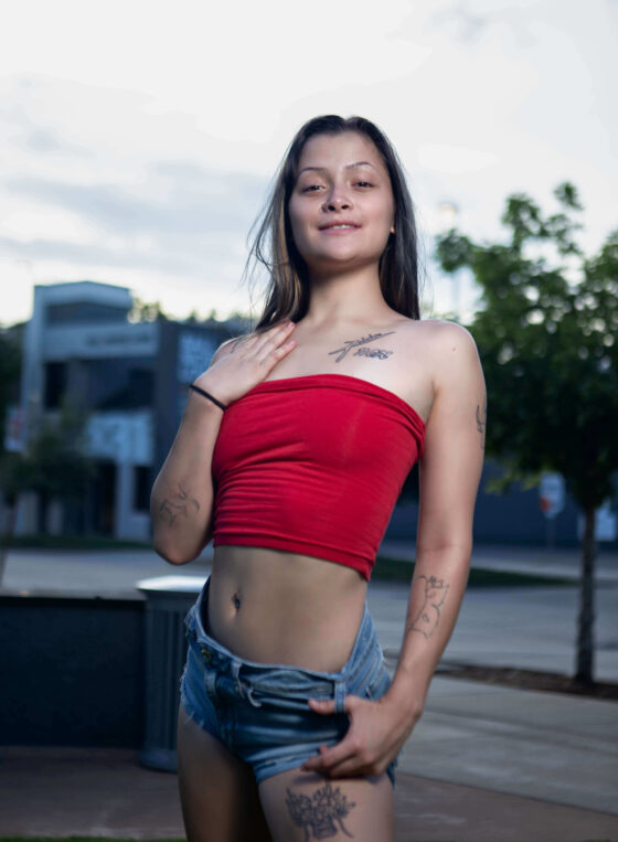 Augustine Amasaman red tube top jean shorts portrait session Oklahoma City, OK
