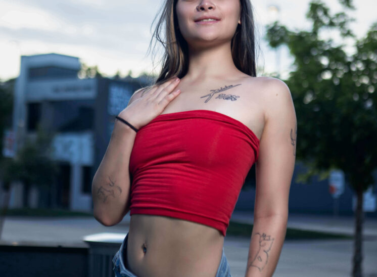 Augustine Amasaman red tube top jean shorts portrait session Oklahoma City, OK
